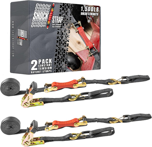 Ratchet Strap, 10' x 1" Shock Absorbing Heavy Duty Tie Downs for Cargo, 500 LB WLL / 1,500 LB Break Strength, 2-Pack