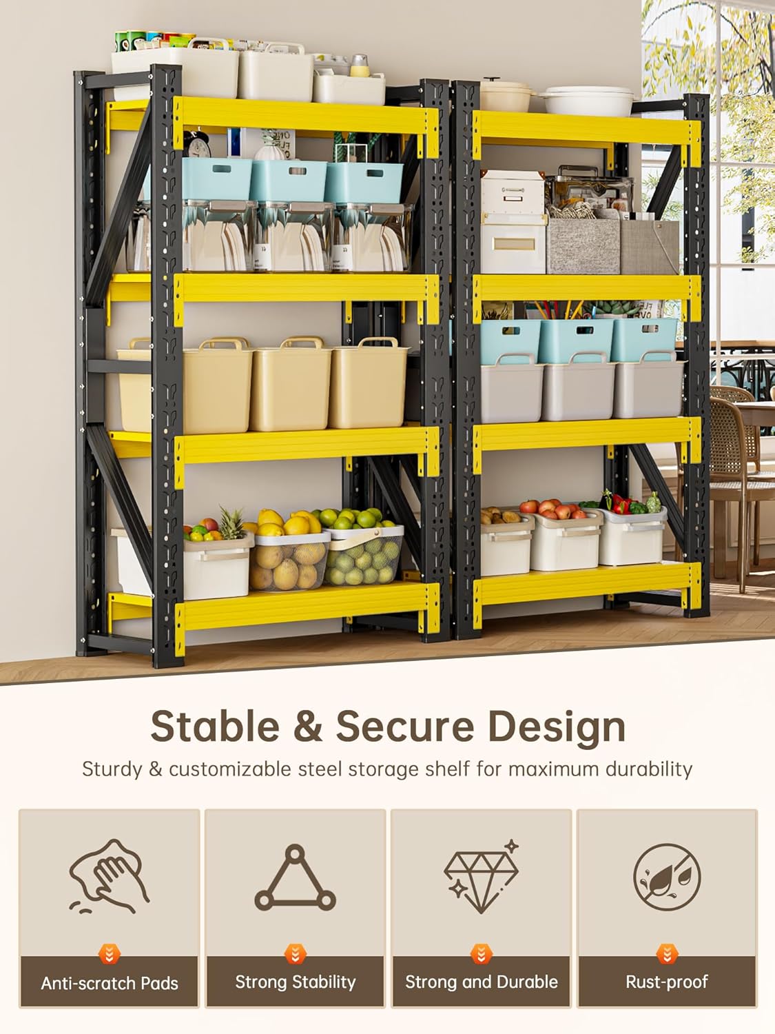 4-Tier Storage Shelves,79" H Heavy-Duty Garage Shelving Unit,Adjustable Industrial Metal Shelf System,3,200lbs Capacity,Tool Organizer for Garage,Workshop,32" W*20" D*79" H,Black&Yellow