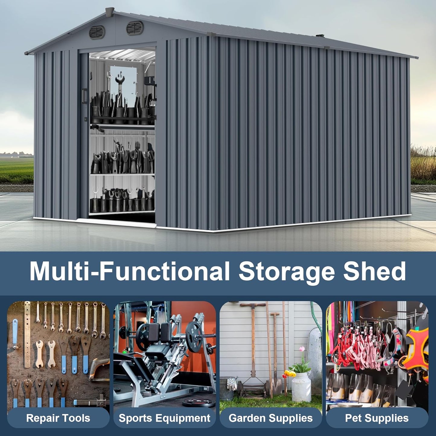 Outdoor Storage Shed 8x10 FT with Window - Metal Sheds & Outdoor Storage for Motorcycle, Bike, Garden Tool, Lawnmower - Backyard Tool Building with 1 Sliding Door, 4 Vents (Without Floor)