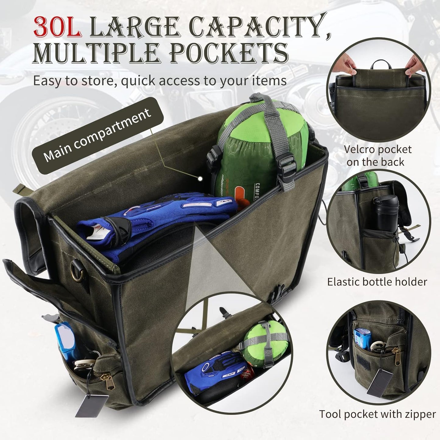 NICECNC Motorcycle Saddlebags Vintage Oil Waxed Canvas Leather, 30L Throw Over Saddle Bags Side Luggage Bags for Men Women Camping, Compatible with Harley, Honda, Suzuki, Yamaha, Adventure, Green