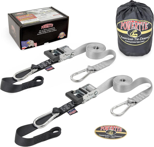 PowerTye - Made in USA - Extra Long Ratchet Tie Down Straps, Heavy Duty with Carabiner Hooks, Soft-Tye & Bag, for Motorcycle, ATV & Cargo, 1,000 lb WLL, 1.5 inch x 10ft Long, Silver/Black (Pair)