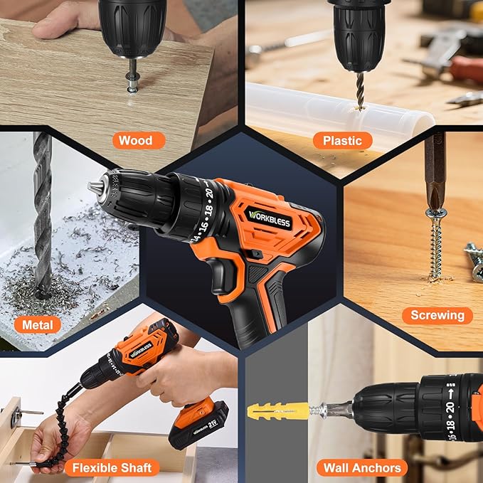 WORKBLESS Cordless Drill, Power Drill Set with 1 Battery and Charger, 40Nm, 20+1 Torque, 2 Speed, Keyless 3/8" Electric Screwdriver with LED Light, 28pcs Drill Bits Set(Orange)