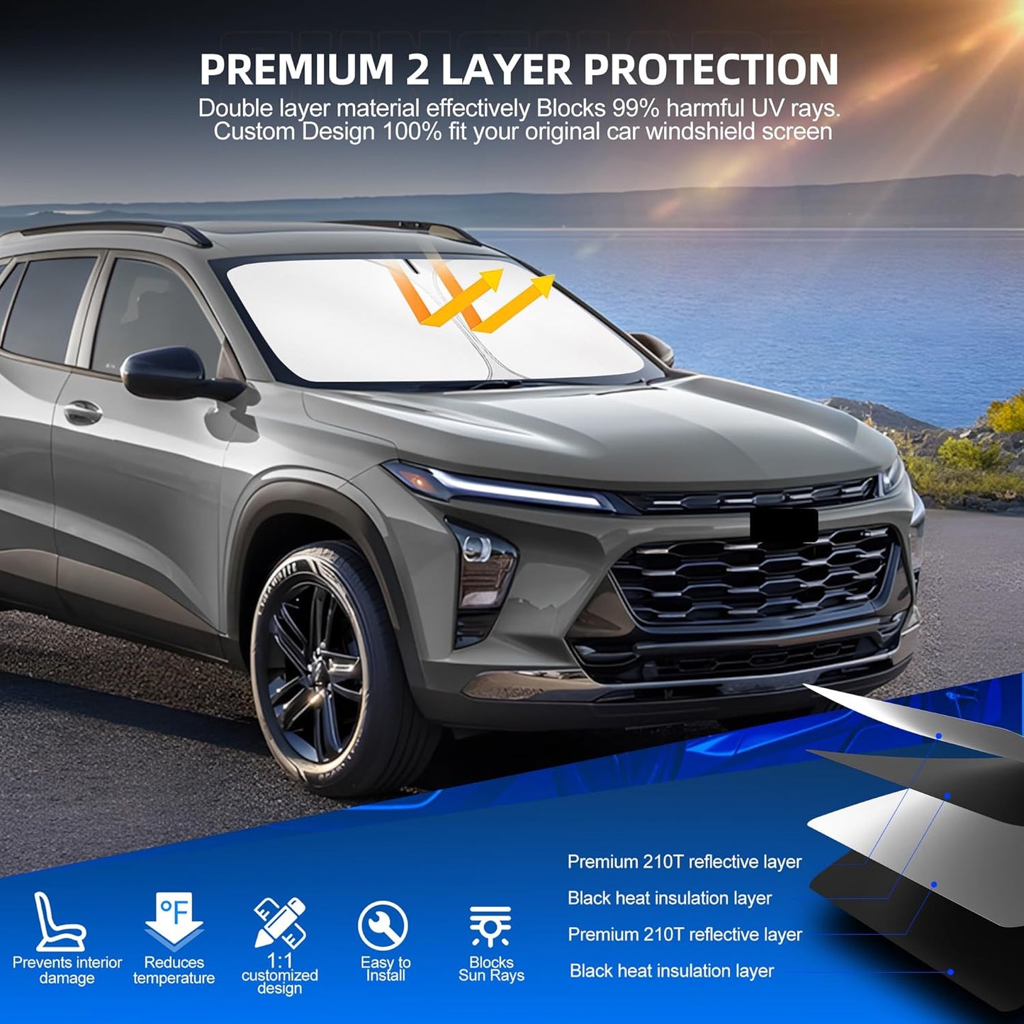Windshield Sun Shade for Ch-evro-let/Chevy Trax (LS/1RS/LT/2RS/ACTIV) 2024 2025 2026 Foldable Sunshade Custom Fit Front Window Car Interior Accessories Protector Blocks UV Rays