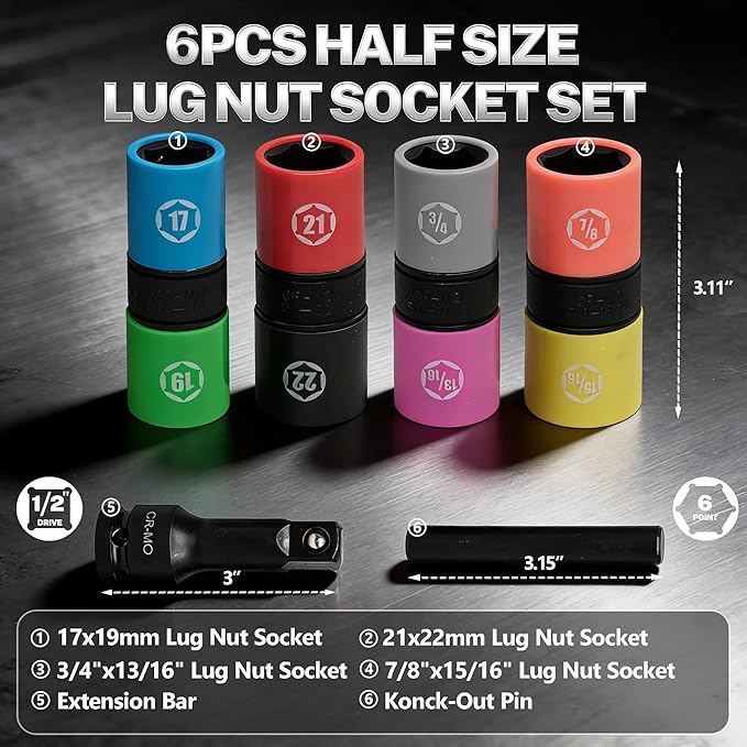 6 PCS 1/2 inch Drive Half Size Lug Nut Socket Set with Metric 17 19 21 22 mm, SAE 3/4" 13/16" 7/8" 15/16", Impact Flip Socket Set Non-Marring Thin Wall Double Ended Wheel Nut Socket Removal Kit