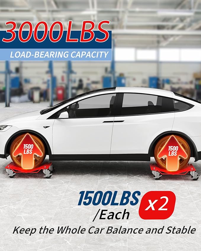 Car Wheel Dolly Set of 2,3000 LBS Capacity Heavy Duty Vehicle Mover Dolly with Brakes for Moving Cars, Trucks, Trailers and Motorcycles, Red