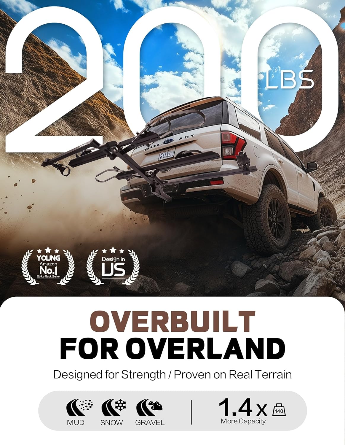 Rockland Foldable 2-Ebike Rack, 200 lbs Capacity, Hitch Mount Electric Bike Rack, Fits up to 5" Fat Tire Width and 50" Wheelbase, Ebike Carrier Rack for 2" Receiver for Cars SUVs Vans RVs