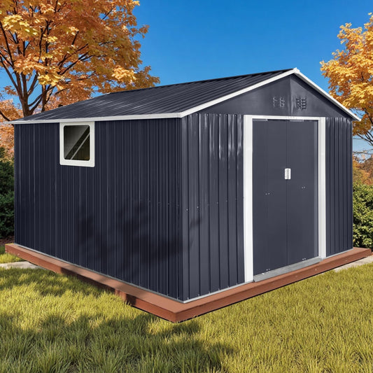 11.2' x 10.6' XL Outdoor Storage Shed, Sturdy Metal Building w/Windows & Lockable Doors for Garden, Backyard, Poolside and Lawn, Anthracite