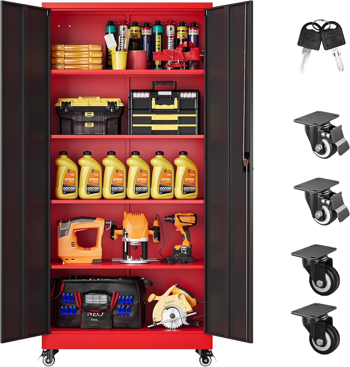 SISESOL 75" Tall Metal Storage Cabinet with Wheels,Rolling Garage Storage Cabinet with Lock,Red Metal Cabinets on Wheels,Locking Tool Cabinets on Wheel for Garage,Home,Office,Shop
