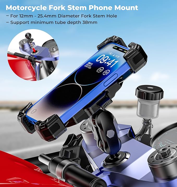 Motorcycle Fork Stem Phone Mount, 1s Auto Lock & Release, Anti-Theft Motorcycle Phone Holder with Aluminum Alloy 1" Ball Short Arm, for 12-25.4mm Diameter Fork Stems, for 5.4"-7" Cellphones