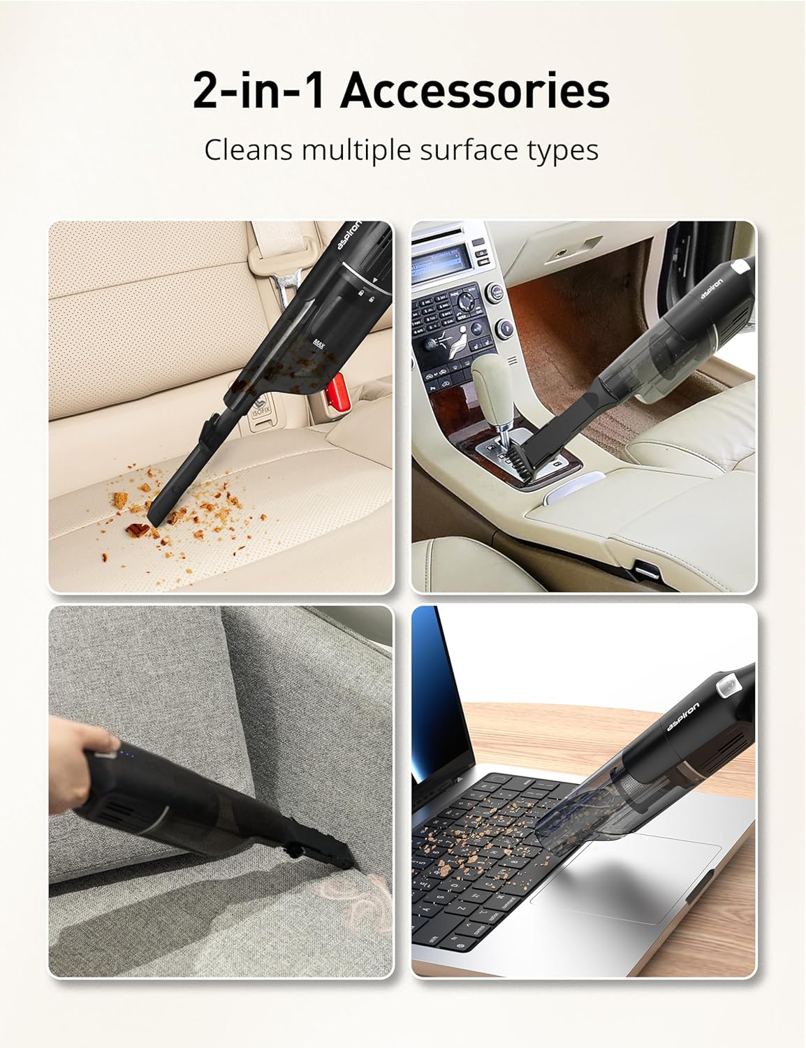 Aspiron Cordless Handheld Vacuum, 24KPA Powerful Car Vacuum, Rechargeable, Charging Dock, Ergonomic Handle, 2-in-1 Crevice Tool, 1.8lb Portable Vacuum Cleaner with 2-Speed for Car, Home, Black Silver