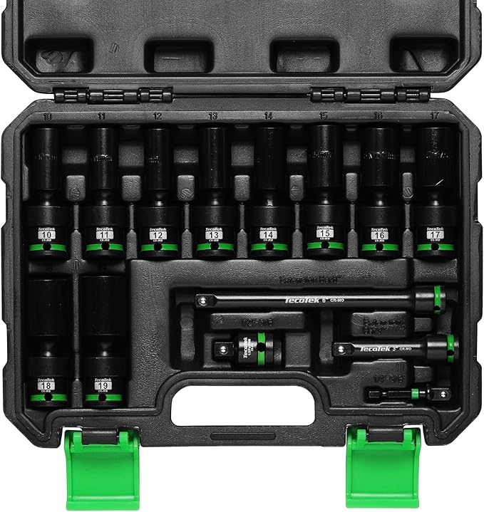 14 PCS 3/8" Drive Deep Universal Impact Socket Set, Swivel Socket Set, 10-19mm, Metric Socket Set with Flexible Wobble, Cr-Mo Steel, Includes Extension Bars and Adapter