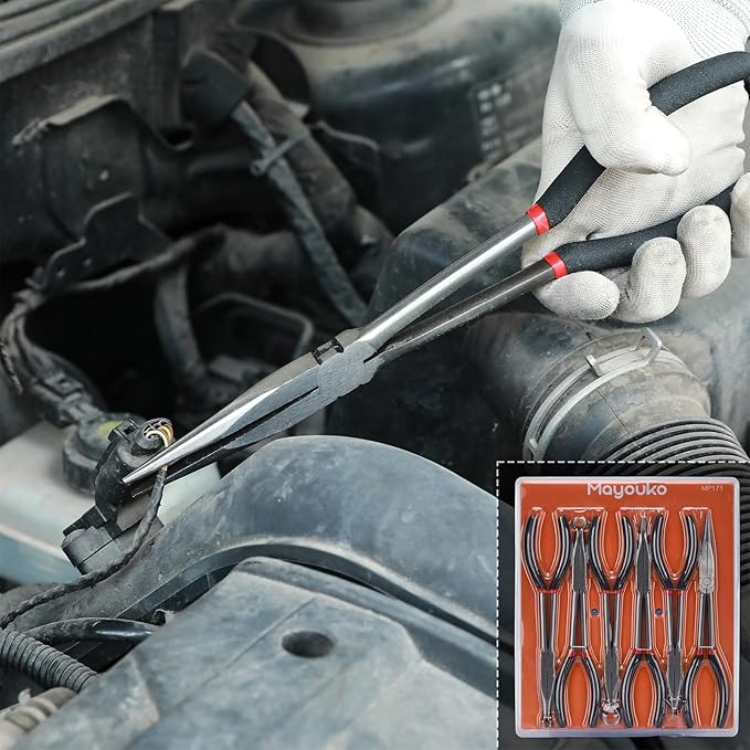 Mayouko 6PCS Extra Long Reach Pliers Set, 11" Straight, 45 and 90 Bent Nose, 5/16", 1/2" and 3/4" Circle Nose Pliers