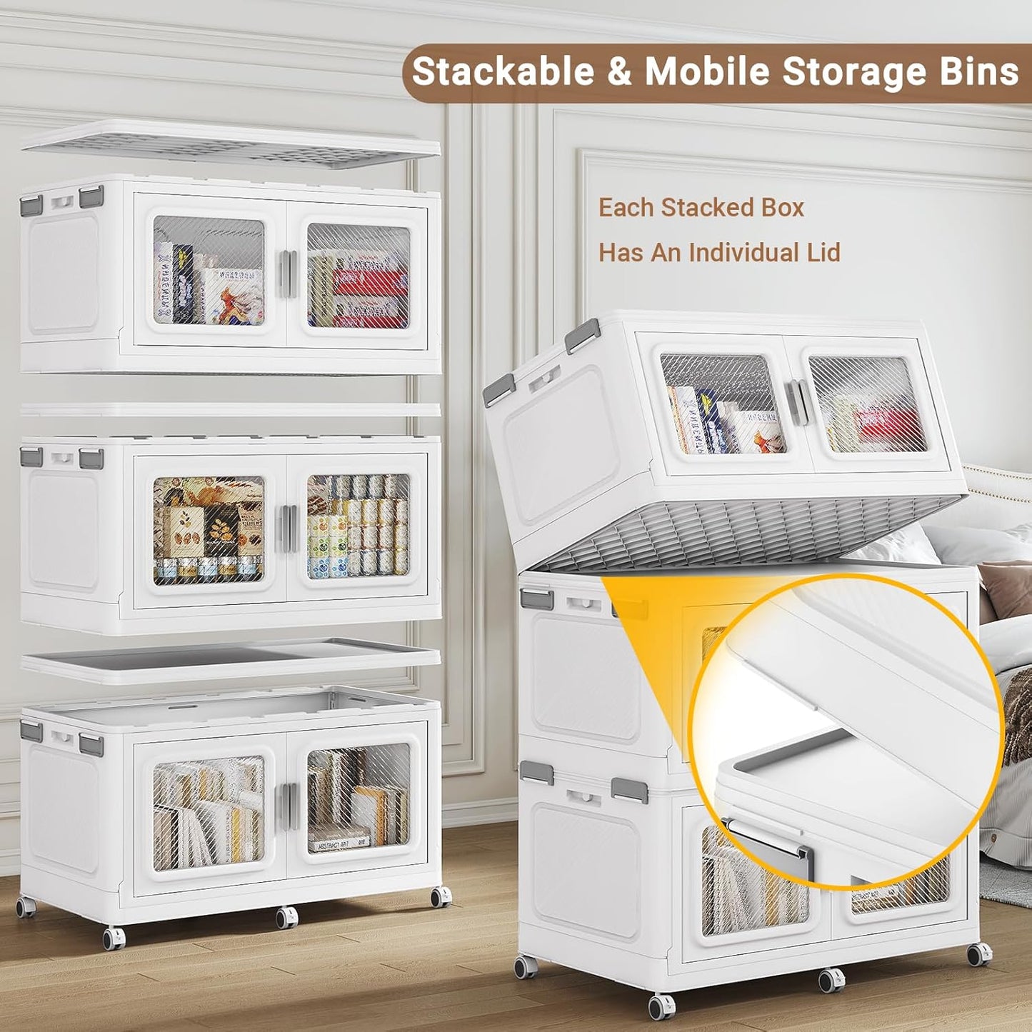 880 Qt Stackable Storage Bin with Lid, 220Gal Extra Large Collapsible Storage Boxes, Folding Plastic Drawer, Heavy-Duty Store Cabinet, Closet Organizer for Home Kitchen, 4 Pack White