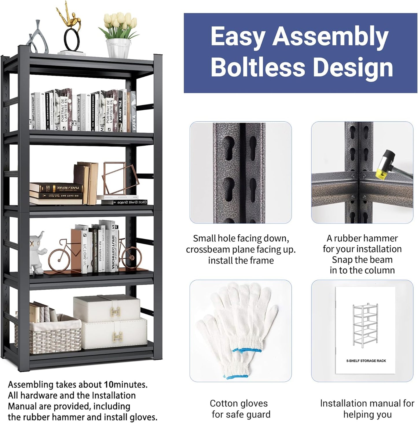 TOPKEY Metal Storage Shelf Garage Storage Shelves, Heavy Duty 5-Tier Utility Shelves for Garage, Kitchen, Warehouse, Adjustable Basement Storage Rack, Load 2500LBS, 72" H x 35.4" W x 15.8" D