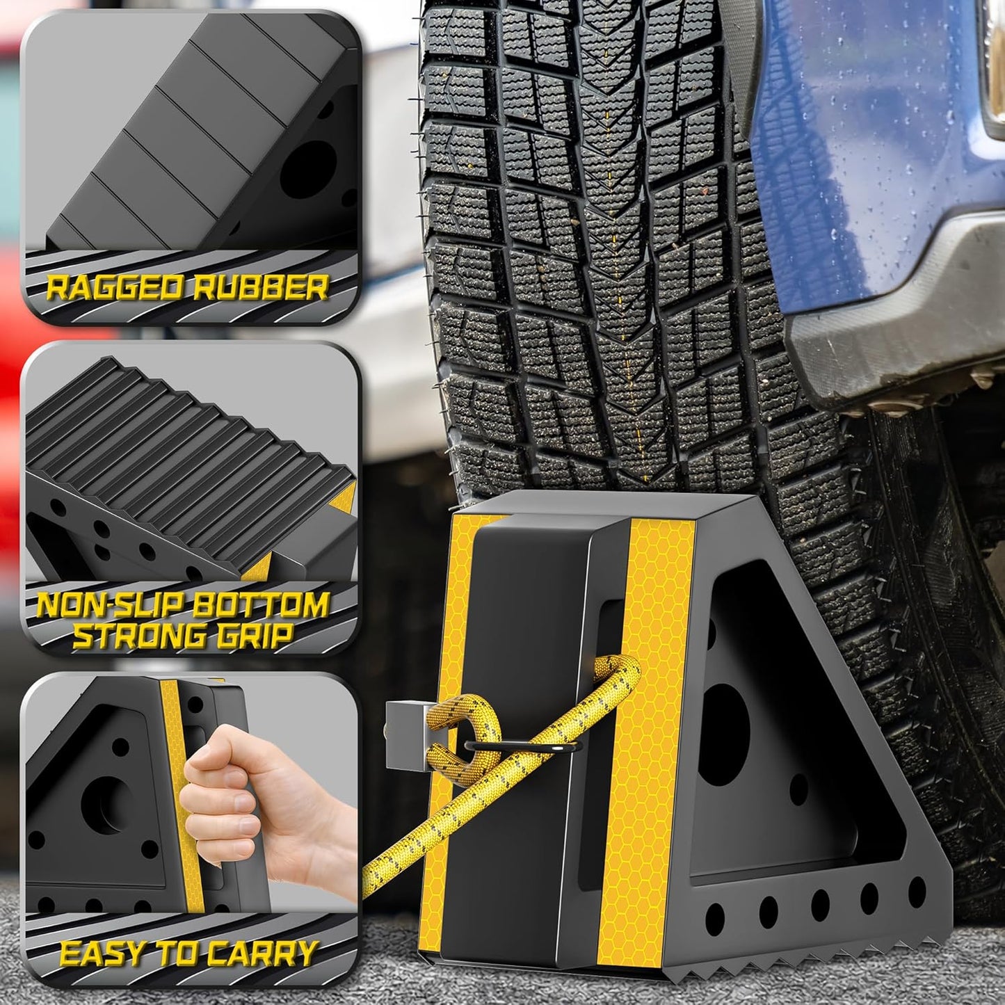 4 Pack Heavy Duty Wheel Chocks with 39" Rope, Rubber Wheel Chocks for Trailers, RV, Cars, Trucks, and ATV