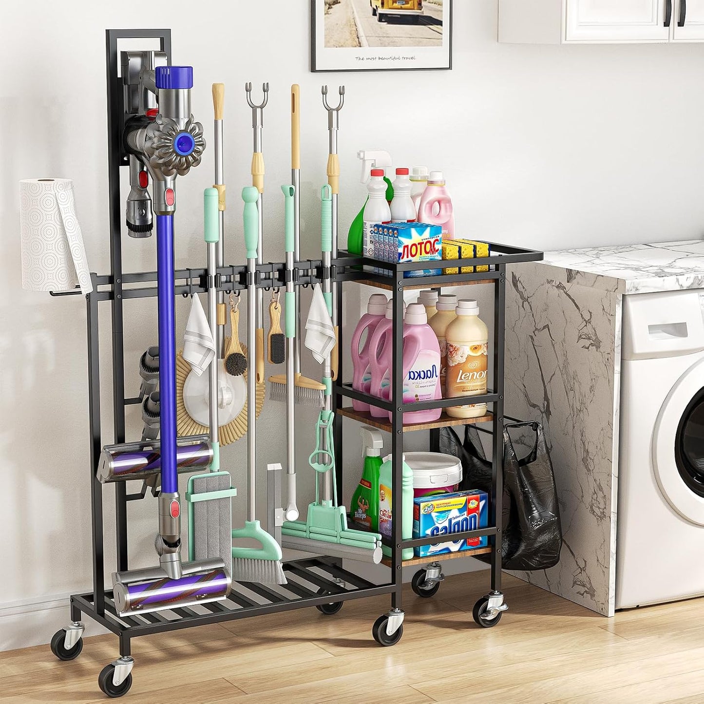 Cleaning Utility Cart on Wheels, Multifunctional Cleaning Tools Supplies Organizer with Broom and Mop Holder, Vacuum Stand Compatible with Dyson, Rolling Storage Caddy Cart for Home