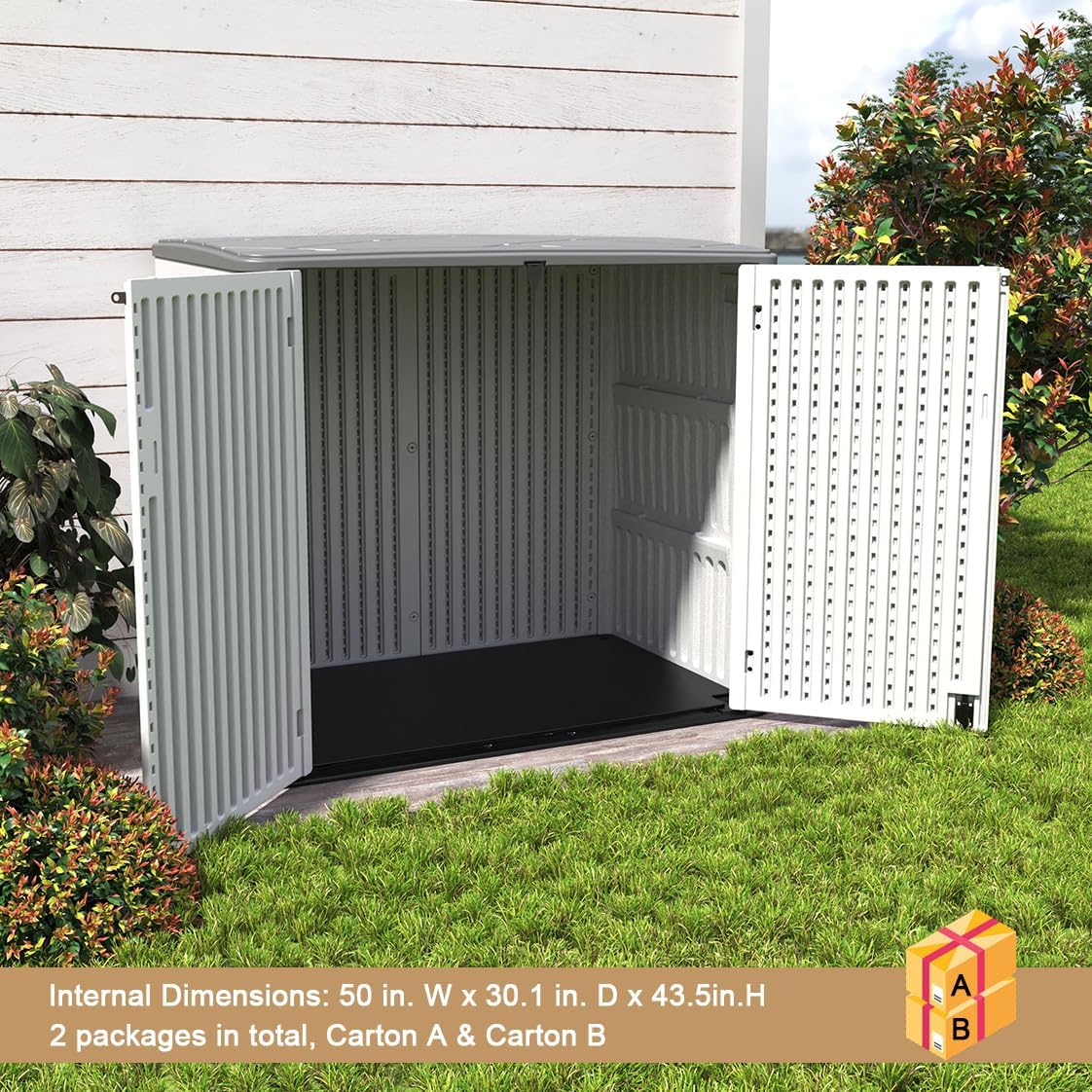 KINYING Horizontal Outdoor Storage Shed,47 Cu.ft Resin Outdoor Storage Cabinet Waterproof for Garden/Patio/Backyards