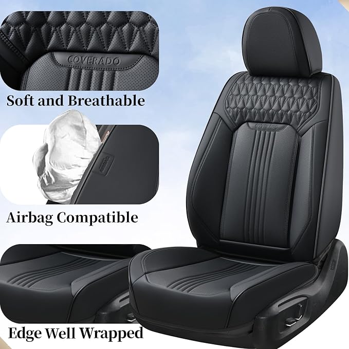 Coverado Seat Covers, Car Seat Covers Full Set, Black Seat Cover, Front Seats Back Seat Cover, Waterproof Car Seat Cushion,Leather Car Seat Protector Universal Fit Most Cars