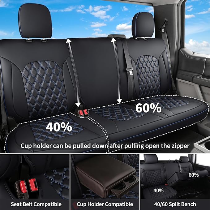 Huidasource Faux Leather Front&Rear Truck Seat Cover Custom Fit for 2015-2025 Ford F150 SuperCrew & 2017-2025 F250 F350 F450 Super Duty Crew Cab XL XLT Lariat King Ranch Platinum(Full Set/Black&Blue)