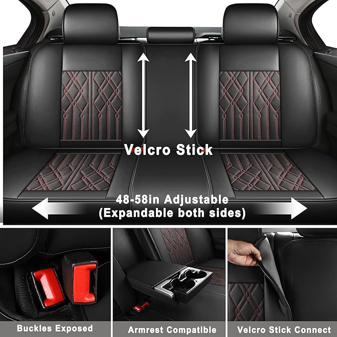 Huidasource Leather Back Row Seat Covers, Waterproof Rear Split Bench Car Seat Covers, Vehicle Seat Cushion Cover Protector Universal Fit for Most Cars Sedan SUV Pickup Truck(Back Row/Black&Red)