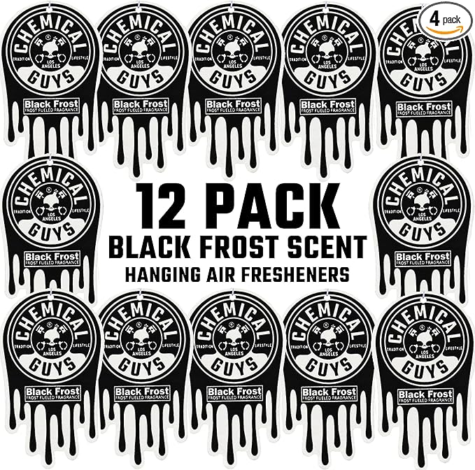 Chemical Guys Hanging Air Freshener, Black Frost Scent 12 Pack, Great for Cars, Trucks, SUVs, RVs, Home, Garage, Workspace, Dorm Room & More (4 x 3 Packs) - AIR40504