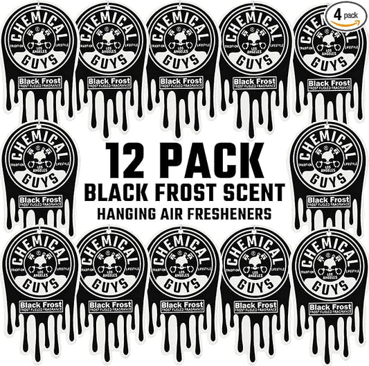Chemical Guys Hanging Air Freshener, Black Frost Scent 12 Pack, Great for Cars, Trucks, SUVs, RVs, Home, Garage, Workspace, Dorm Room & More (4 x 3 Packs) - AIR40504