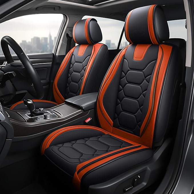 OASIS AUTO Car Seat Covers Front Seats, Waterproof Faux Leather Seat Covers for Cars Universal Fit for SUV, Truck, Sedan, Black Premium Car Seat Protector with Cushions (OS-004 Black&Orange)