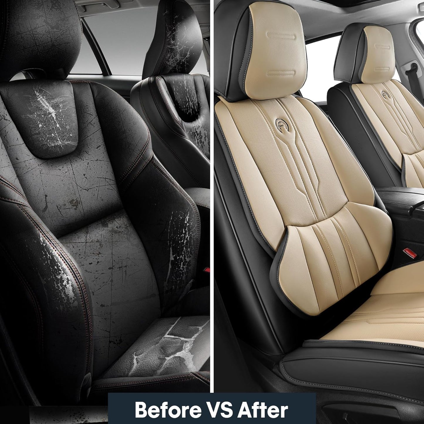 AOOG Front Seat Covers, Car Seat Covers Front Seats, Leather Seat Covers for Cars, Waterproof Seat Covers with Lumbar Support Universal Fit for Most Cars SUV Trucks(Front Pair, Beige&Black)