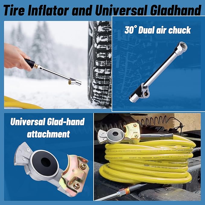Truck Tire Inflator Kit, 3/8” x 50FT Hybrid Air Hose with 1/4" Chuck and 1/2" NPT Universal Gladhand Connection