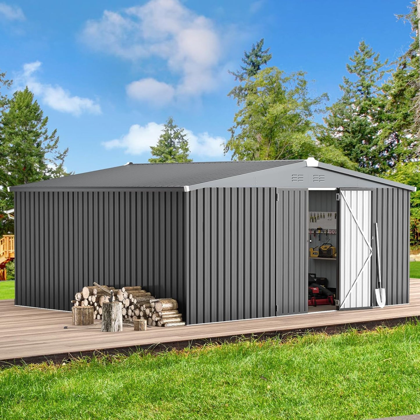 AECOJOY Shed 14' x 12' Storage Shed, Outdoor Metal Storage Sheds & Outdoor Storage 12x14 with Lockable Doors, Large Steel Yard Shed, Utility Tool Storage for Garden, Patio, Outside use in Dark Grey