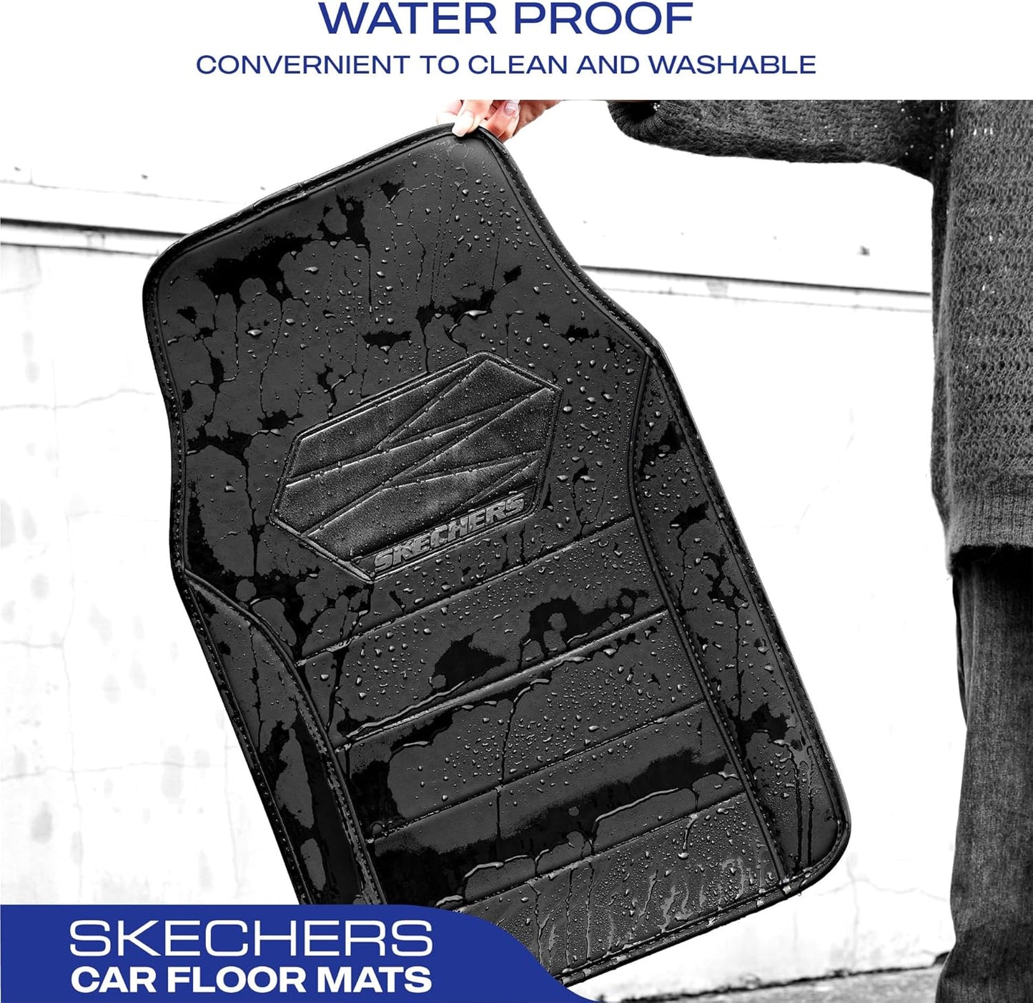 Skechers Memory Foam Car Mats, Leather Piping with Anti-Slip Pad, Universal Waterproof Fit Automotive Floor Mats for SUV, Vans, Sedans, Trucks, Full Set 4pcs Black