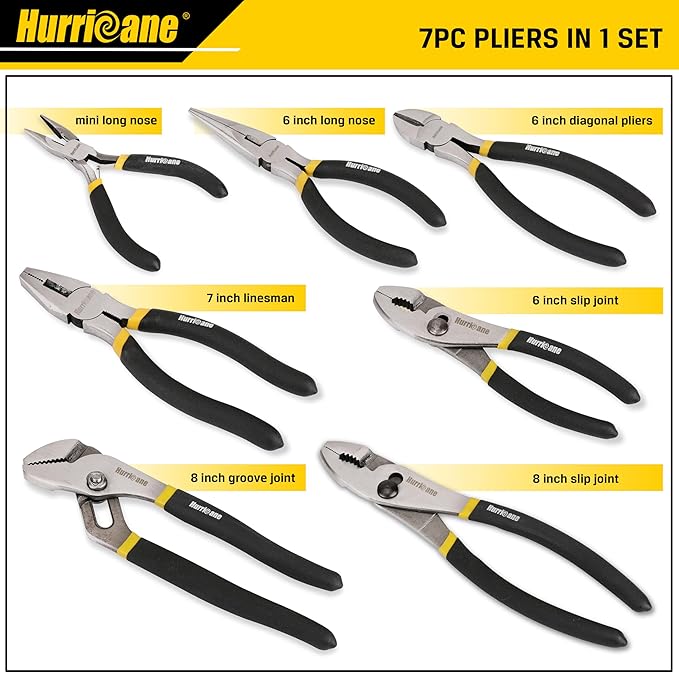 HURRICANE 7 Pieces Pliers Set, 8 inch Groove Joint Pliers, 8 inch Slip Joint, 7‘’ Linesman, 6‘’ Slip Joint, 6‘’ Diagonal, 6‘’ Long Nose, Mini Long Nose, for DIY & Home Use