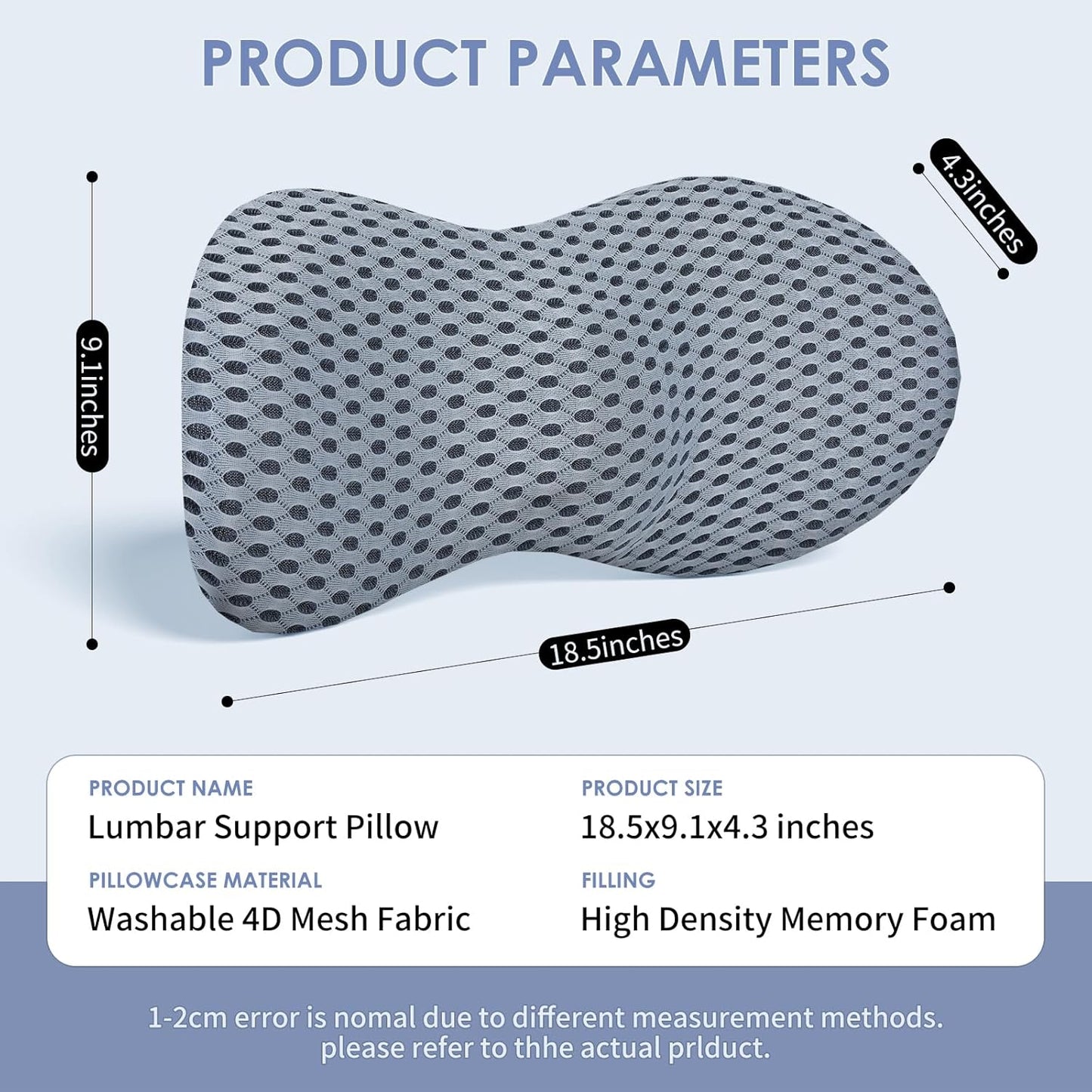 Lumbar Support Pillow, Memory Foam Back Support Pillow for Office Chair, Car Seat, Gaming Chair, Recliner and Bed, Neo Cushion for Low Back Pain Relief (Mesh, Gray)