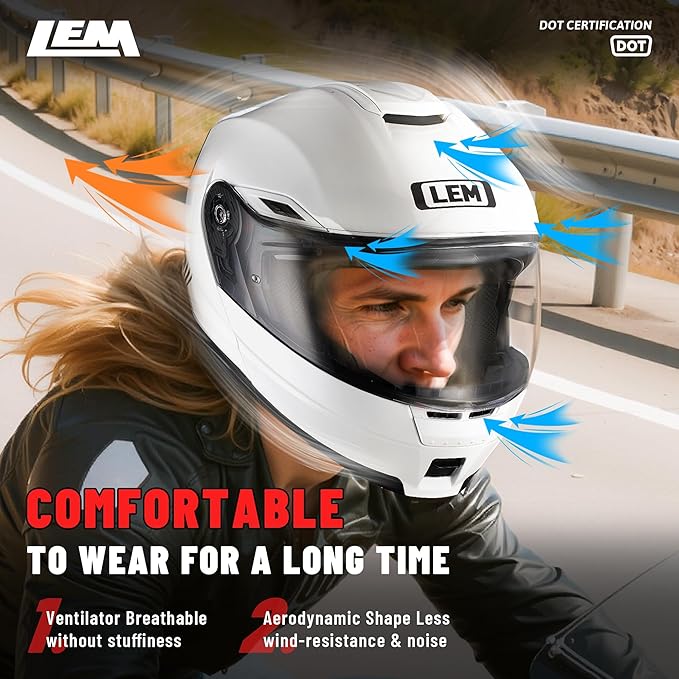 LEM Modular Motorcycle Helmets Fiberglass, Full Face Motorcycle Helmet Flip Up for Touring, DOT Certified, Release Sun Visor & Removable Comfort Liner, Lightweight Street Bike Helmet (White, XL)