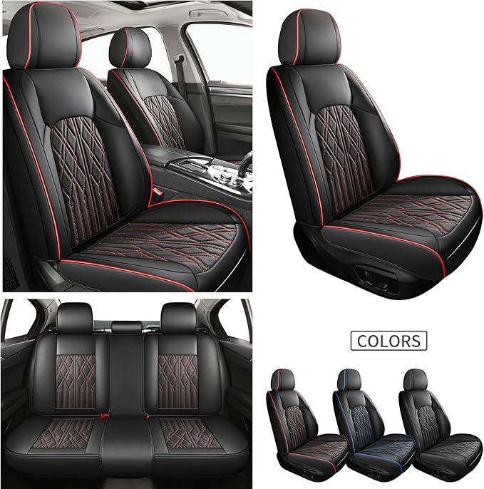 Huidasource Car Seat Covers Full Set, Leather Vehicle Cushion Covers, Universal Fit for Most Car Sedan SUV Pickup Truck, Fit for Acura Honda City Nissan Altima Mazda Hyundai (Full Set/Black&Red)