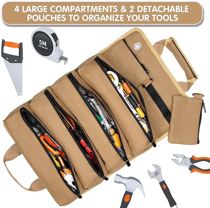 Roll Up Tool Bag, Heavy Duty Tool Organizer Bag, Portable Tools Bag with 6 Tool Pouches for Mechanics, Electricians, DIY Projects, Gifts for Men Dad Husband (Khaki)