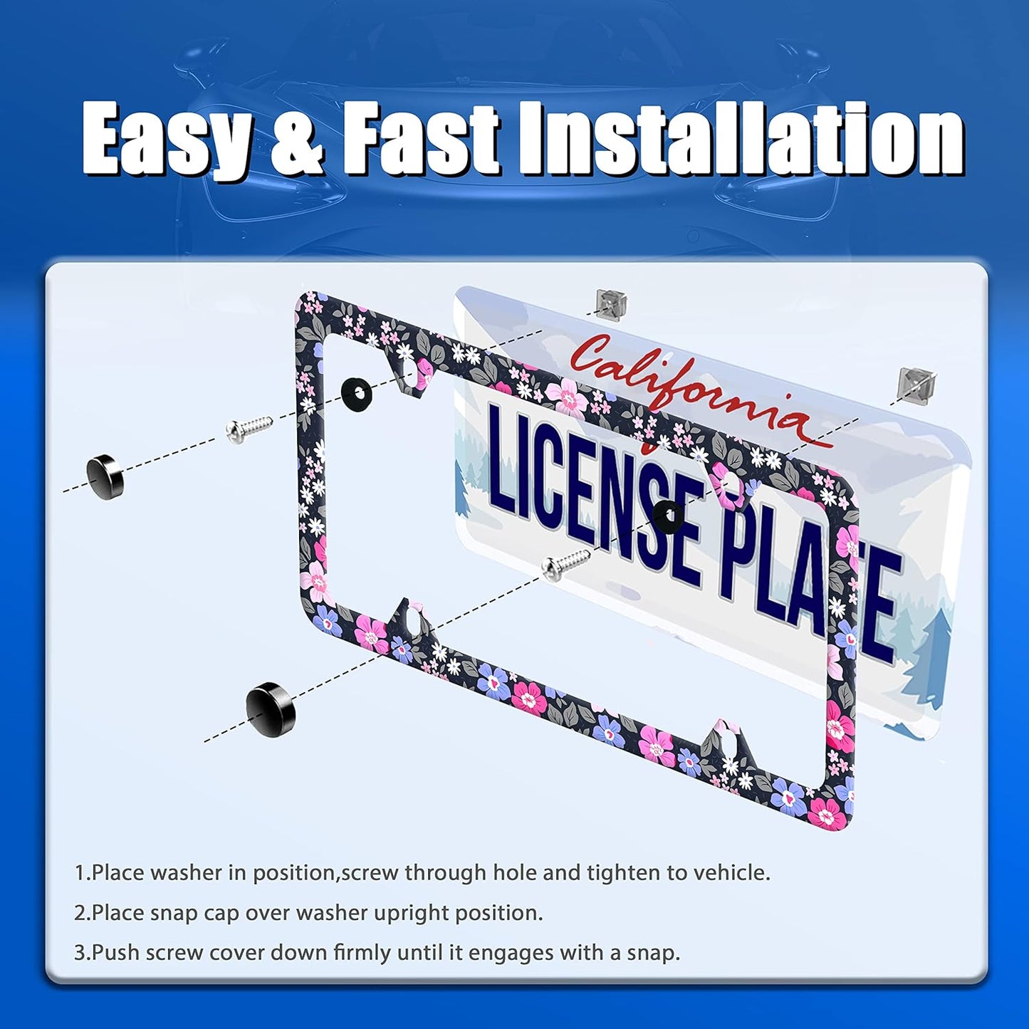 Watercolor Purple and Pink Hibiscus Flowers License Plate Frame License Plate Stainless Steel Parts Colorful License Plate Decorative with Screws Size 12.3" x 6.3" Men Women