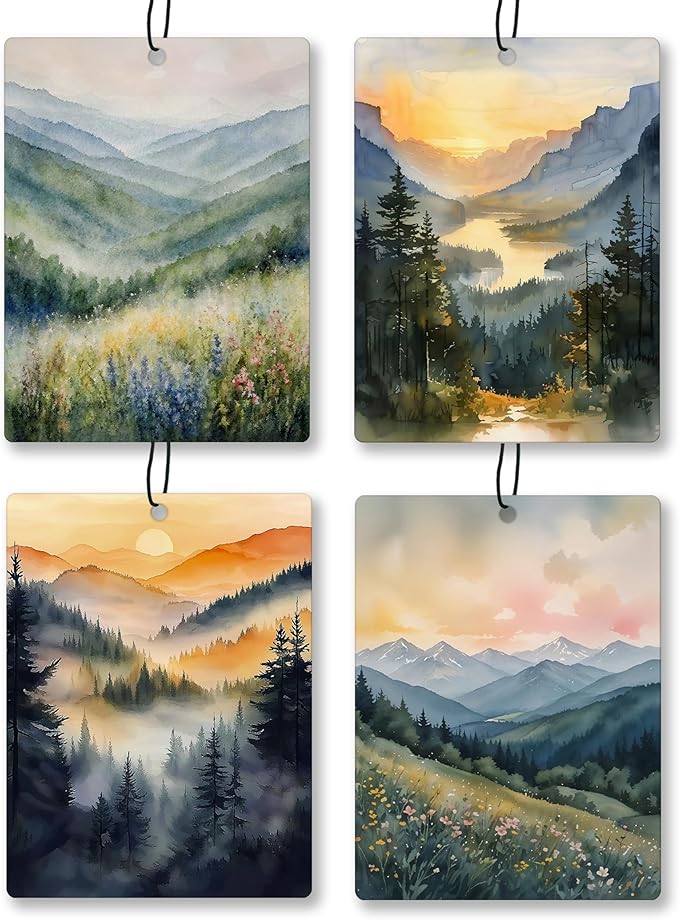 Vintage Mountain Forest Car Air Freshener 4 Pcs, Watercolor Nature Landscape Hanging Scents Air Freshener for Women Men Gifts, Retro Scented Car Accessories Decor for Room Closet Drawer