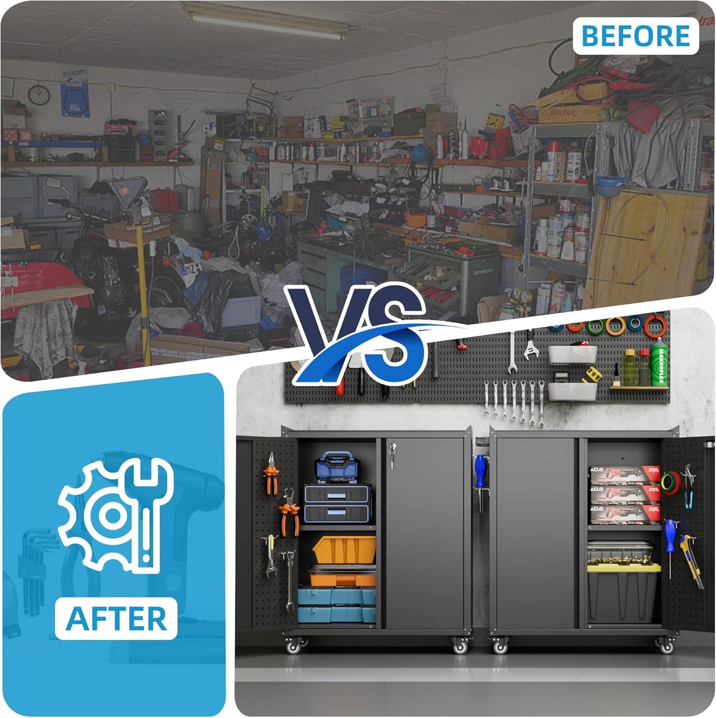 Metal Storage Cabinet with Wheels, Rolling Storage Cabinet with 2 Doors and Adjustable Shelves, Pegboard and 4 Hooks, Suitable for Garage, Home, Office, School, Black