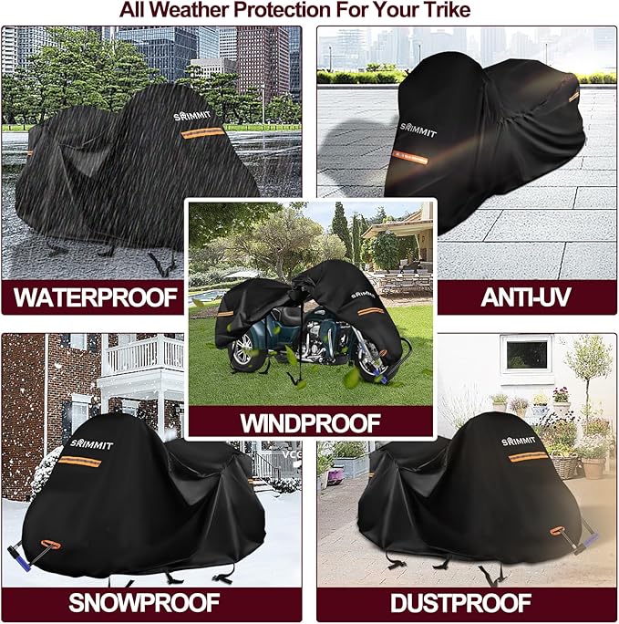 Trike Motorcycle Cover, Covers for 3 Wheel Harley Davidson Waterproof Outdoor Storage, Heavy Duty 420D Oxford Fabric Shelter for Honda, Tri Glide Cover with Zipper for Antenna, Rain Snow Protection