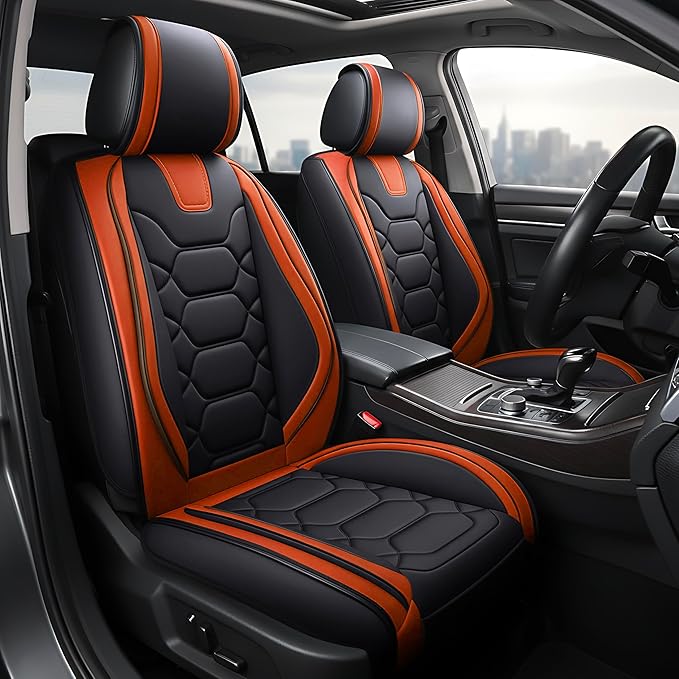 OASIS AUTO Car Seat Covers Full Set, Waterproof Faux Leather Seat Covers for Cars Universal Fit for SUV, Truck, Sedan, Black Premium Car Seat Protector with Front & Back Cushions (OS-004 Black&Orange)