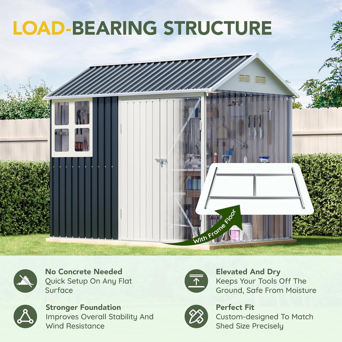 Breezz 6X8FT Outdoor Steel Storage Shed with Frame Floor,Clear Window, Lockable Doors, Weather-Resistant Metal Tool Shed for Garden, Backyard, Patio, and Utility Storage,Nightblue