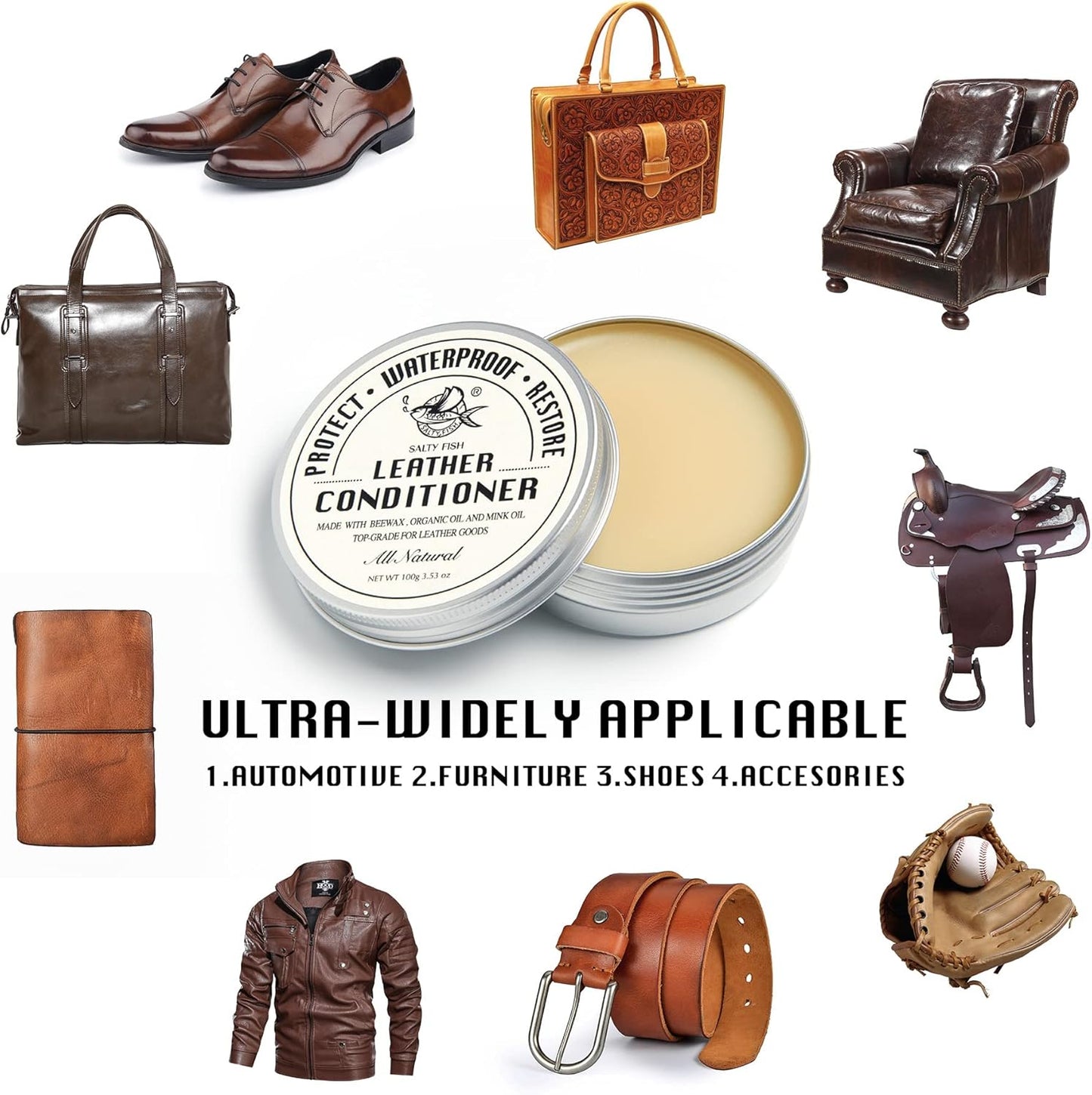 SALTY FISH All-Natural Leather Conditioner and Cleaner,Made with Mink Oil Beeswax,Protect Soften Waterproof Leather Furniture,Car Seats,Shoes,Boots,Bags (3.53 Oz)