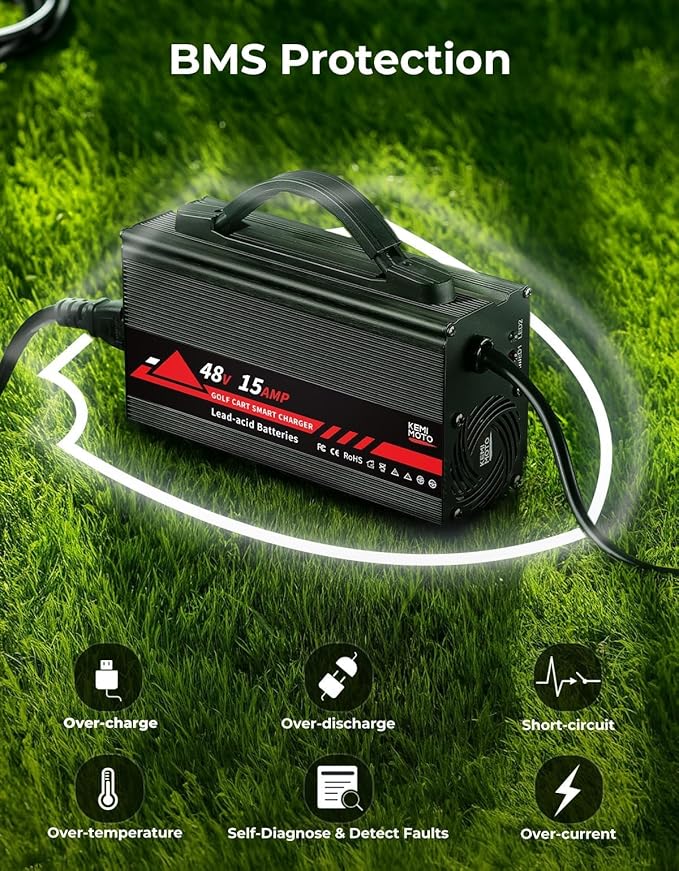 KEMIMOTO 48V Golf Cart Charger for Club Car Precedent/DS 1995-2008, 15A Golf Cart Battery Charger, Overcharge Protection, Full in 4-6H, Trickle Charge, 16 ft, 3-pin Round Plug, for Lead Acid Battery