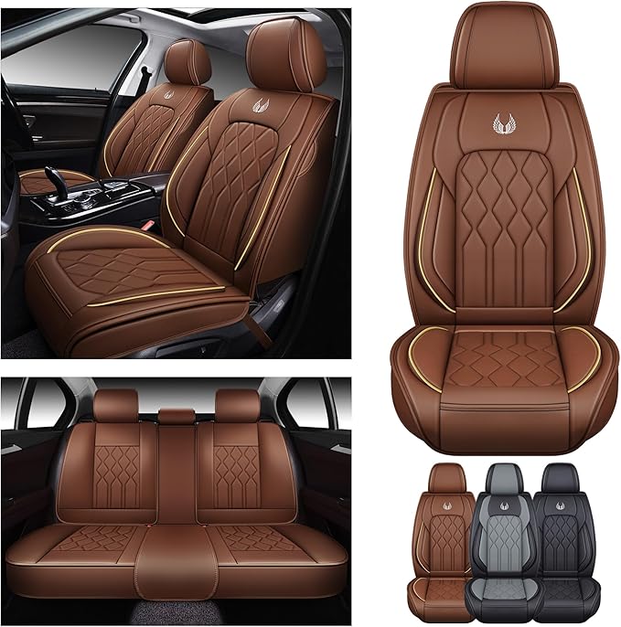 OASIS AUTO Car Seat Covers Full Set Premium Waterproof Faux Leather Cushion Universal Accessories Fit SUV Truck Sedan Automotive Vehicle Auto Interior Protector (OS010-Brown)
