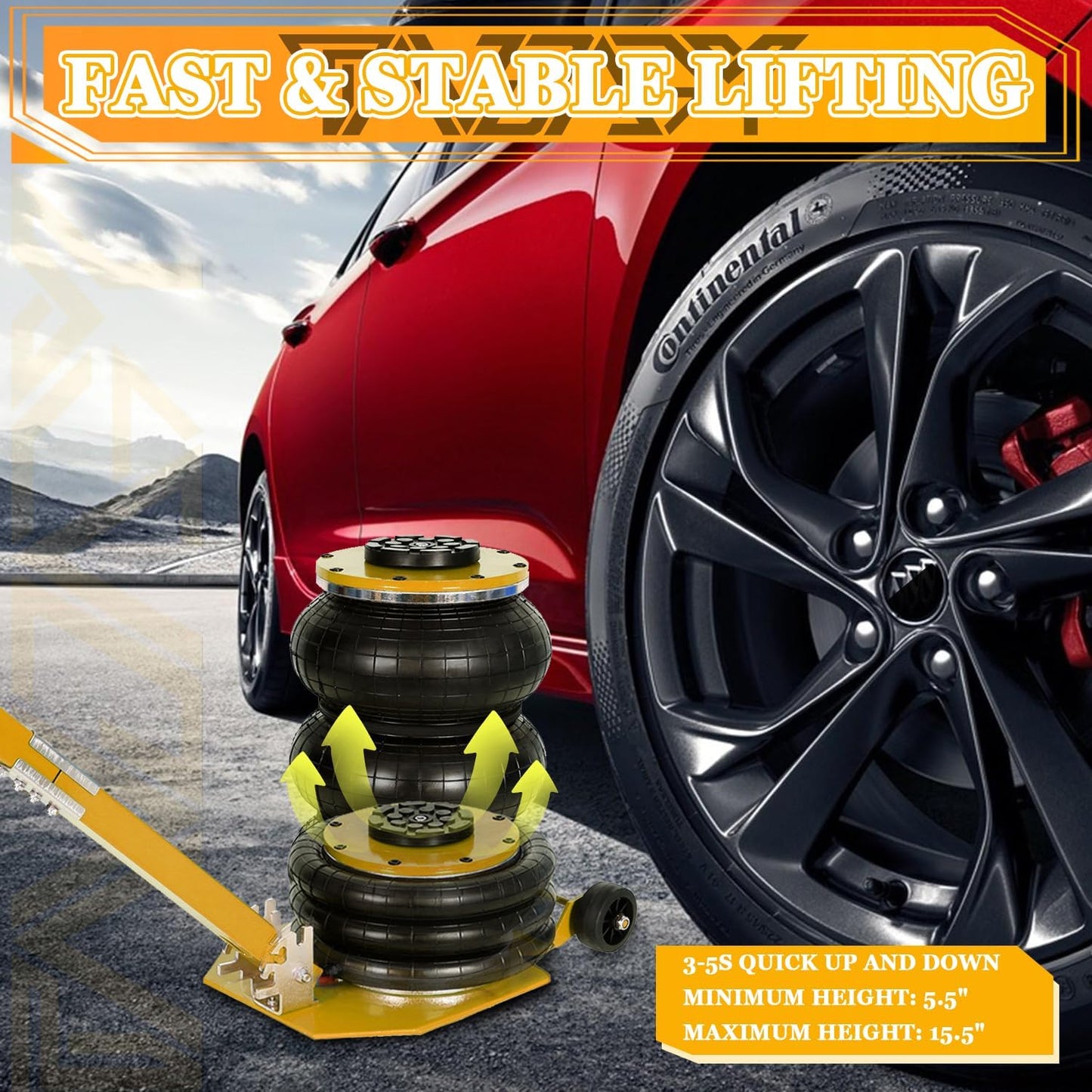 5T Triple Bag Air Jack 11000lbs Pneumatic Jack 3s Fast Lift Up 16in Airbag Jack with Adjustable Long Handle Heavy Duty Triple Air Bag Jack Lift for Cars Garage (Yellow)