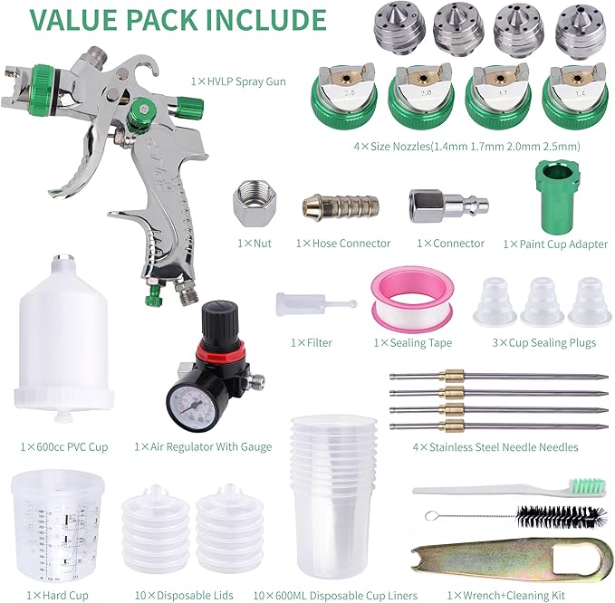 HVLP Spray Gun with 10Pcs 600ML Disposable Paint Cups, 4 Nozzles,1.4/1.7/2.0/2.5mm, Automotive Gravity Feed Paint Spray Gun Kit with Air Compressor Regulator for Auto (Green)