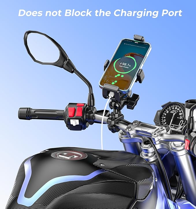 Motorcycle Phone Mount [Vibration Dampener] [High-Speed Secure Lock] Anti-Shake Motorcycle Cellphone Holder, Bike Phone Mount with Short Arm for 0.5"-1.26" Handlebar, 4.7"-7.2" Smartphone