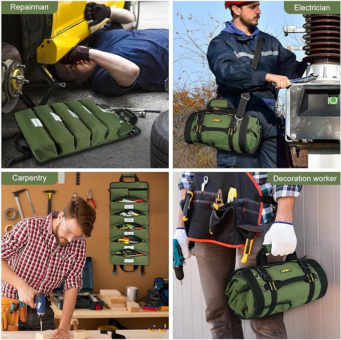 Tool Bag,Large Roll Up Tool Bag Organizer,13 Pockets Tool Roll Storage Pouch,Heavy Duty Portable Tool Storage Carrier Bag for Men,Mechanic,Electrician & Hobbyist,Green