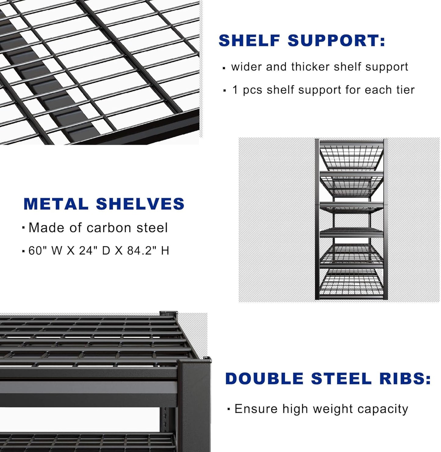 60" Wide Heavy Duty Garage Shelving Adjustable 6 Tier Garage Storage Shelves 3900LBS Metal Shelving Unit Industrial Utility Shelf, 84" H x 60" W x 24" D